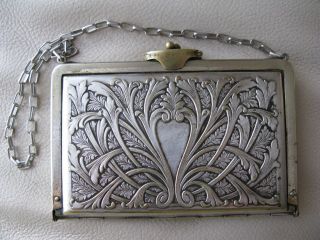 Antique Victorian Art Nouveau Silver Leather Card Case Coin Purse Duplex 1912 4 photo