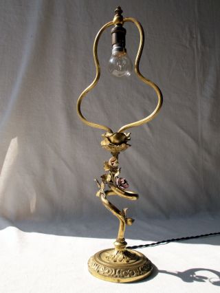 Antique Art Nouveau French Table Lamp Gilt Bronze Porcelain Flowers photo