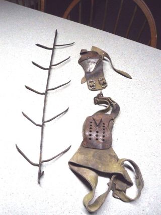 Antique Primitive Metal Corn Ear Dryer & 2 Hand Corn Shuckers Leather/metal Farm photo