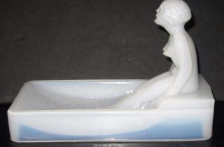 Art Deco Nymph Card Desk Tray Ashtray Soap Dish In Opal White All Glass Usa photo