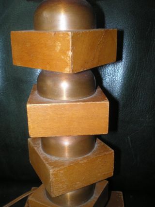 Vtg Mid Century Eames Danish Modern Copper Stack Wood Block Accent Table Lamp photo