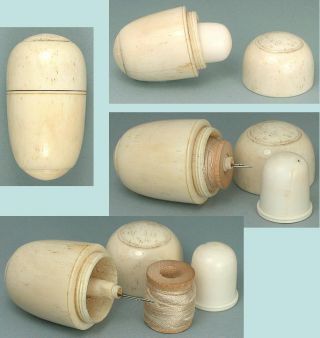 Antique Carved Bone Egg With Child ' S Thimble English Circa 1870 photo
