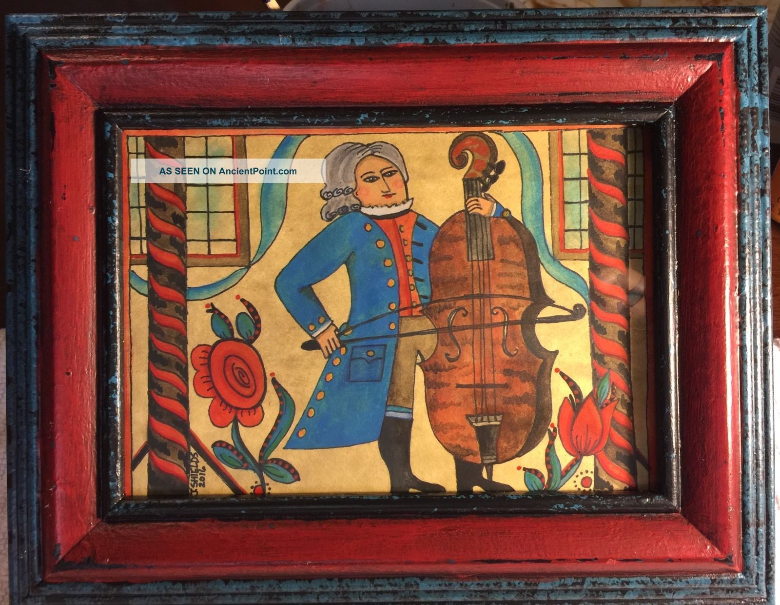 Primitive Hand Painted Folk Art Fraktur 18th C Man Crusty Frame Primitives photo