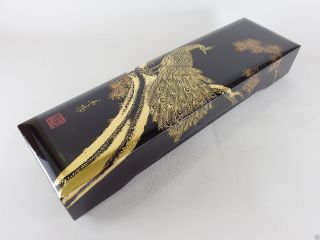 150710 Vintage Japanese Aizu Lacquered Wooden Peacock Buddhist Kyokan Sutra Box photo