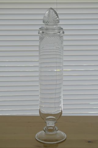 Antique Columbia Swirl Apothecary Jar Pedestal Canister Clear Glass Candy 16.  5 