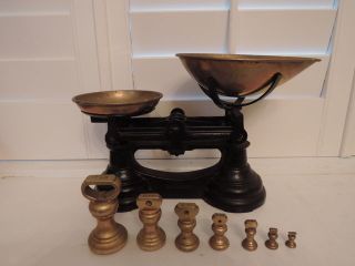 Antique English Cast Iron Balance Kitchen Scales W/brass Bell Weights photo