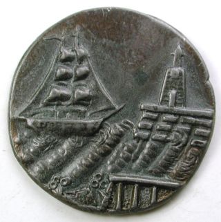 Antique Pewter Button Sailing Ship & Lighthouse Scene - 1 