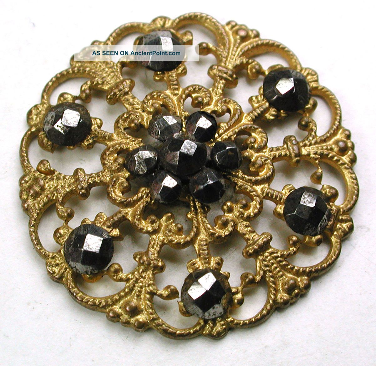 Antique Pierced Brass Filigree Button W/ Cut Steel Accents - 7/8 