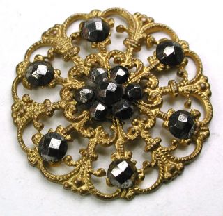 Antique Pierced Brass Filigree Button W/ Cut Steel Accents - 7/8 