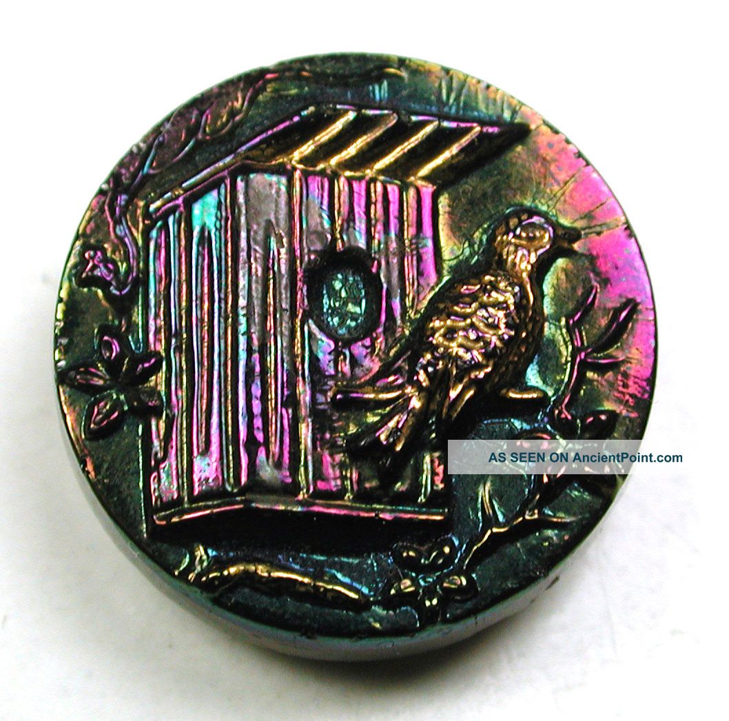 Antique Black Glass Button Bird & Bird House W/ Carnival & Gold Luster - 11/16 