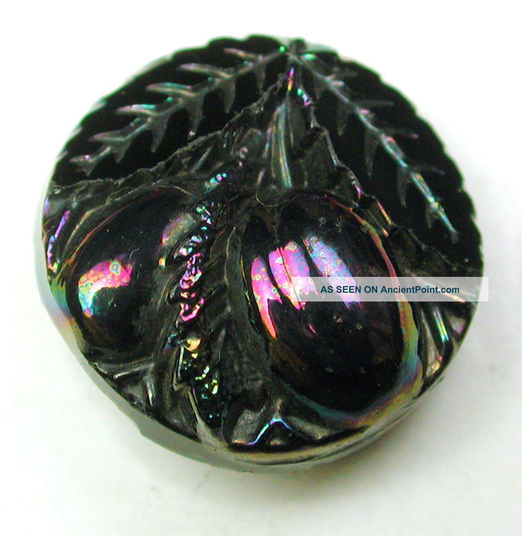 Antique Black Glass Button Cherries On Branch W/ Carnival Luster - 11/16 