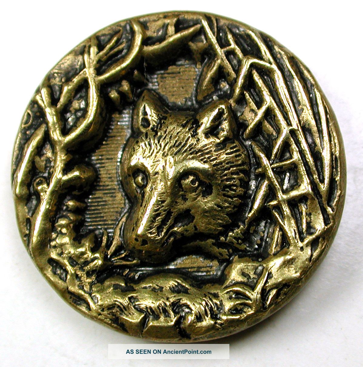 Antique Brass Button Fox Head Poking Out Of Hedge - 7/8 