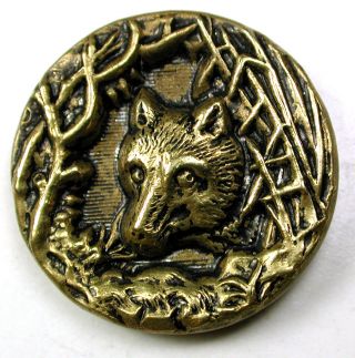 Antique Brass Button Fox Head Poking Out Of Hedge - 7/8 