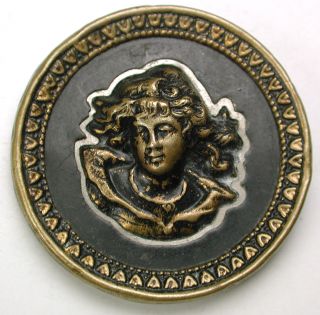 Antique Brass Button Womans W/ Necklace Design - 1 & 1/4 
