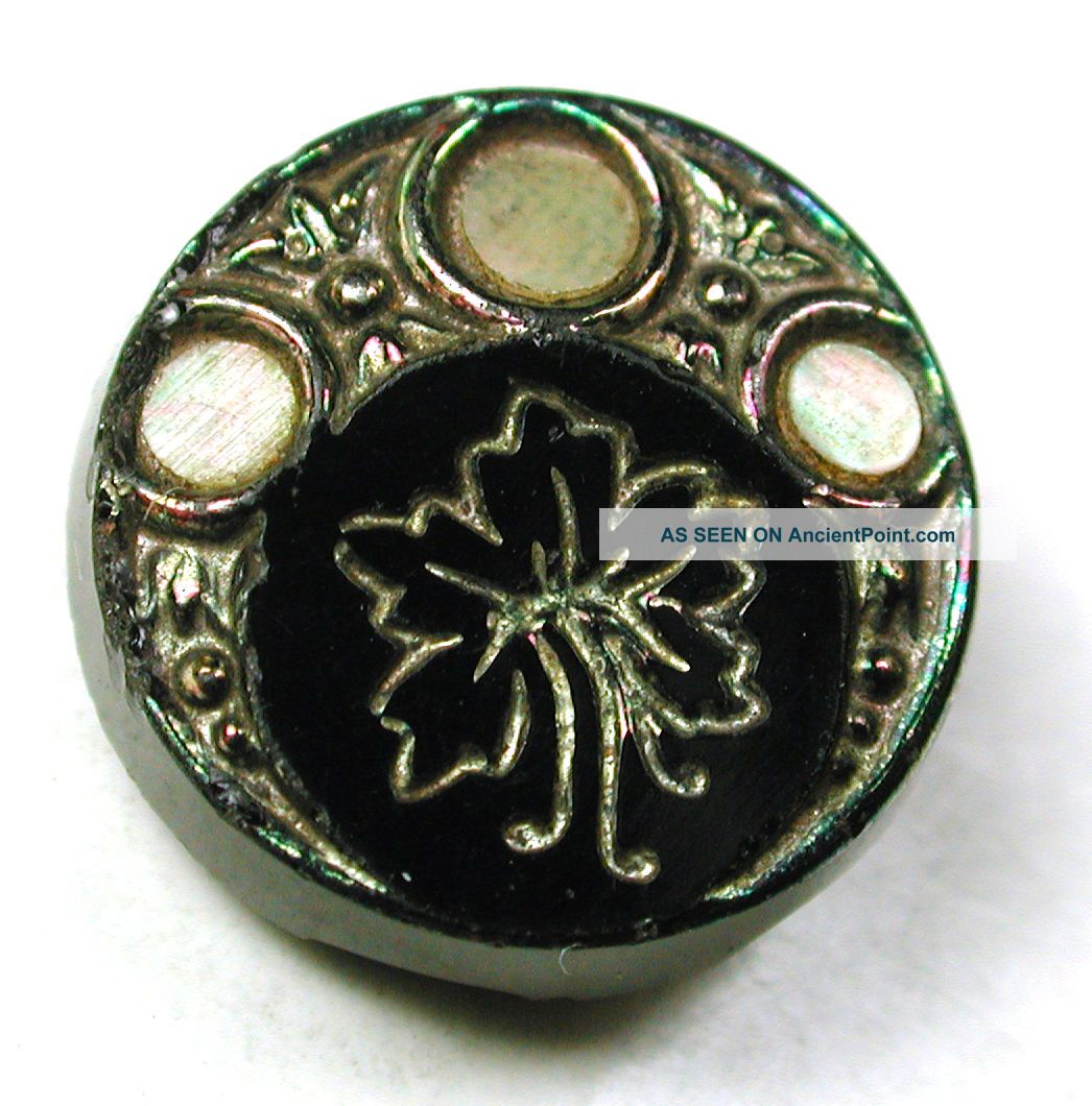 Antique Black Glass Button Exotic Flower W/ Shell & Carnival Luster - 5/8 