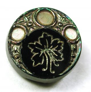 Antique Black Glass Button Exotic Flower W/ Shell & Carnival Luster - 5/8 