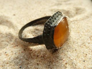 Medieval Bronze Ring With Amber Insert (b738) photo