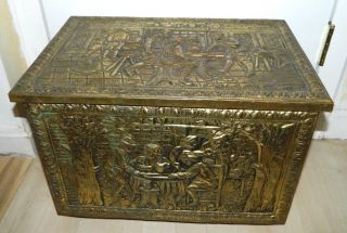 Antique 19th Century Victorian Era Repousse Brass Over Wood Kindling Box Trunk photo