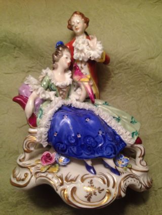 Vintage Dresden Porcelain Couple With Parrot Germany photo