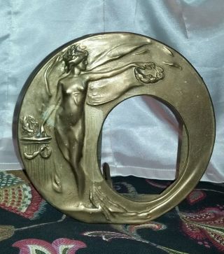 Antique Art Deco Goddess Round Brass Picture Frame - Patina photo