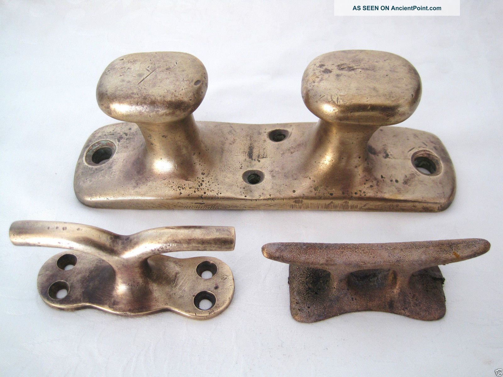 3 Vintage Antique Maritime Nautical Ship Boat Yacht Solid Brass Cleats Ship Equipment photo