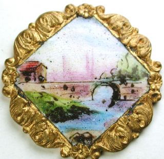 Antique Enamel Button Diamond Shape Bridge Over Stream W/ Fancy Border 1 & 1/16 