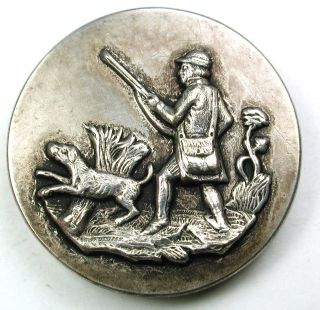 Antique Silver On Brass Sporting Button Dog & Hunter - 1 & 1/16 