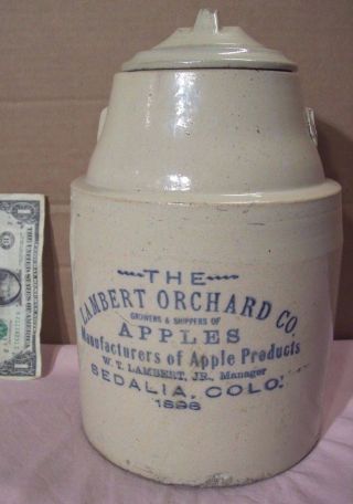 1896 The Lambert Orchard Co.  Apples Antique Stoneware Crock W/lid Sedalia,  Colo. photo