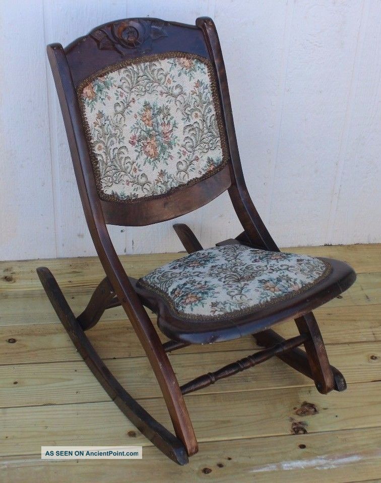 Vtg Victorian Folding Wooden Rocking Chair Tapestry Seat & Back W/ Carved Detail 1900-1950 photo