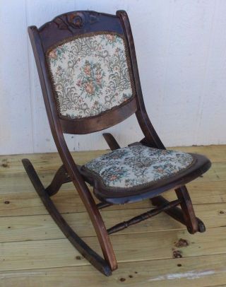 Vtg Victorian Folding Wooden Rocking Chair Tapestry Seat & Back W/ Carved Detail photo