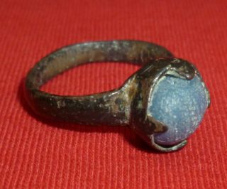 Unique Roman Ancient Artifact Bronze Ring - Blue Gemstone Circa 100 - 300 Ad - 2804 photo
