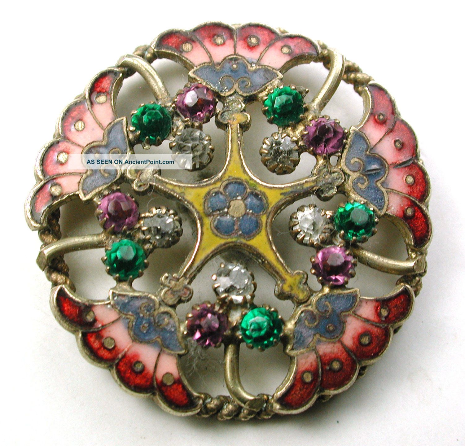 Antique Button Brass Frame On Rope Rim Enamel & Paste Stunning 1 & 1/4 