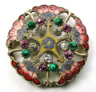 Antique Button Brass Frame On Rope Rim Enamel & Paste Stunning 1 & 1/4 