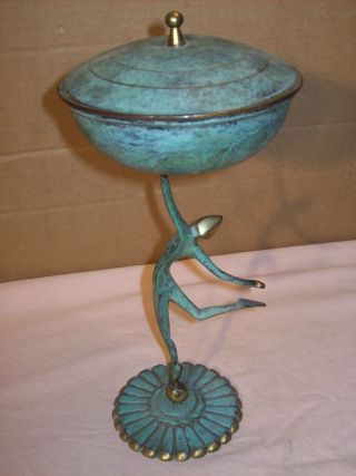 1950 ' S Pal Bell Israel Brass Art Sculpture Impressionism Dancer W/covered Bowl photo