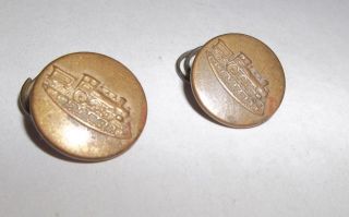 2 Antique Vtg Brass Figural Embossed Uniform Picture Buttons Of Railroad Train photo