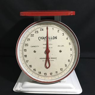 Vintage Chatillon Mid - Century Metal Kitchen Scale Red White 25 Lb photo