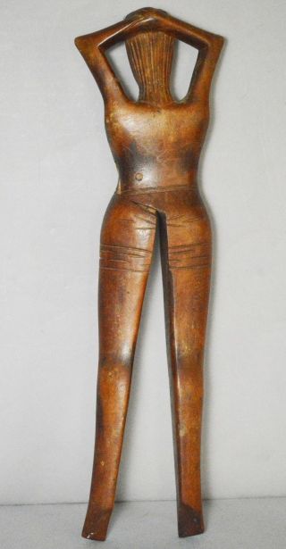 Antique Carved Wood Folk Art Figural Naughty Lady Female Form Nut Cracker photo