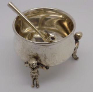 Rare Vintage Solid Silver Cauldron Shaped Mustard Pot,  2 Mini Ladles - Stamped photo