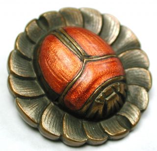 Antique Enamel Button Egyptian Scarab On Flower Design - 1 & 1/16 