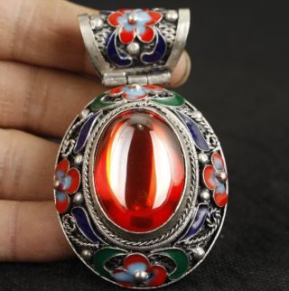 Rare China Silver Old Inlay Zircon Cloisonne Collect Hand Carved Pendant photo