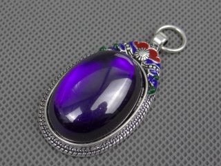 China Silver Old Inlay (violet) Zircon Wonderful Cloisonne Hand Carved Pendant1106 photo
