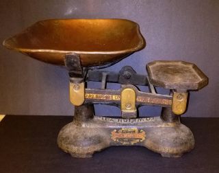Antique Balance Scale J & J Siddens England Copper Basket 8 Oz 1 & 2 Weights photo