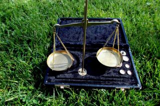 Antique Jewelry Apothecary Swing Scales Brass Jewellery Velvet Lined Case photo