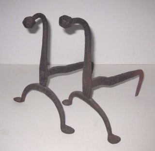18th Century Small Primitive Colonial Wrought Iron Goose Neck Andirons photo