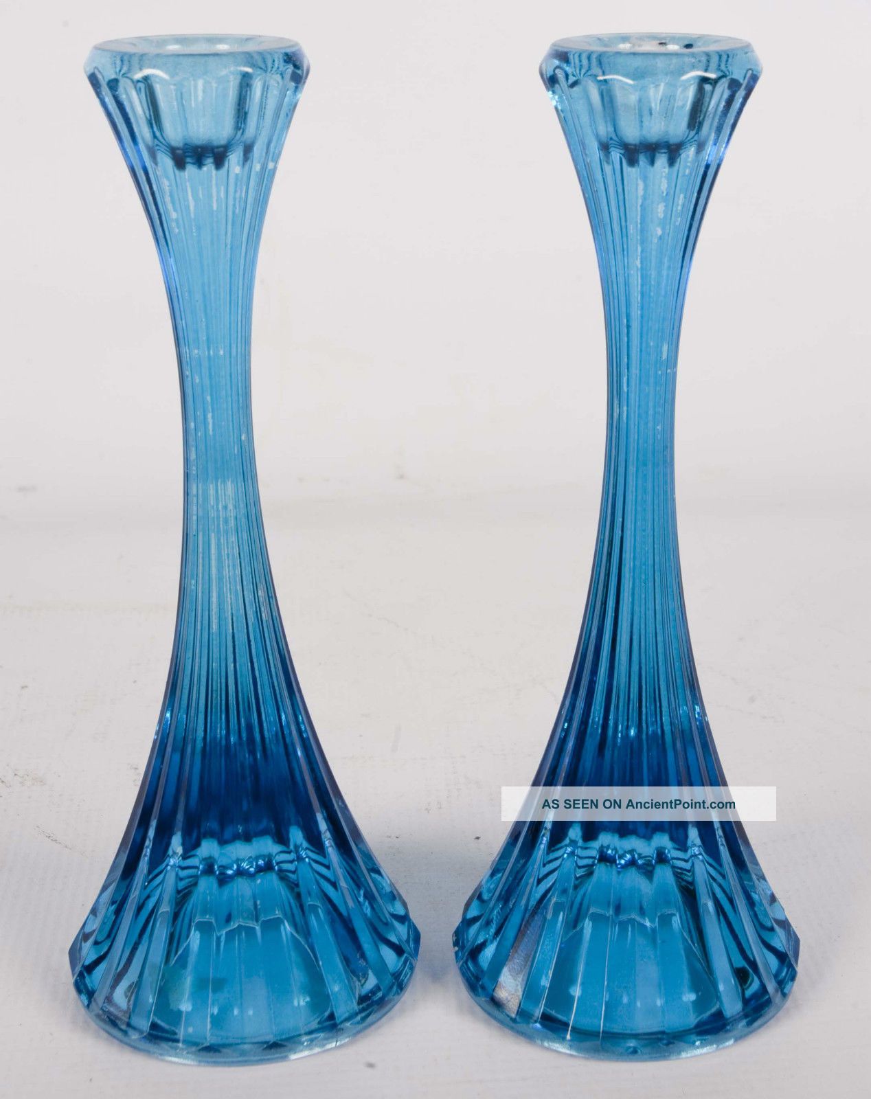 Mid - Century Style Blue Ribbed Glass Candle Stick Holders Candlesticks 8 
