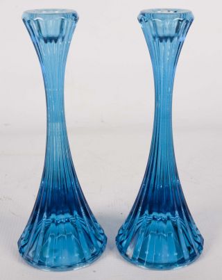 Mid - Century Style Blue Ribbed Glass Candle Stick Holders Candlesticks 8 