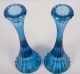 Mid - Century Style Blue Ribbed Glass Candle Stick Holders Candlesticks 8 