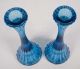 Mid - Century Style Blue Ribbed Glass Candle Stick Holders Candlesticks 8 