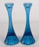 Mid - Century Style Blue Ribbed Glass Candle Stick Holders Candlesticks 8 