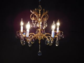 Antique French 5 Arm 5 Lite Brass Or Bronze Lead Cut Crystal Chandelier photo